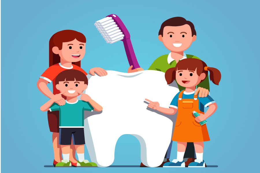 cartoon family of four holding a big toothbrush next to a giant tooth.